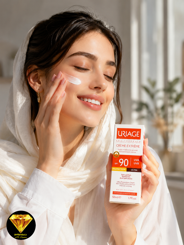 تصویر خانم در آیینه در حال استفاده از کرم ضد آفتاب
